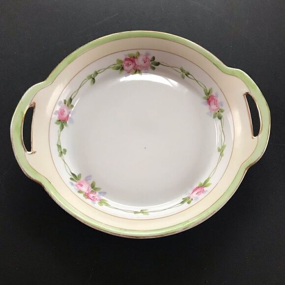 Antique Nippon Hand Painted Pink Rose Gilt Trim Cream & Green Handled Bowl - Picture 3 of 14